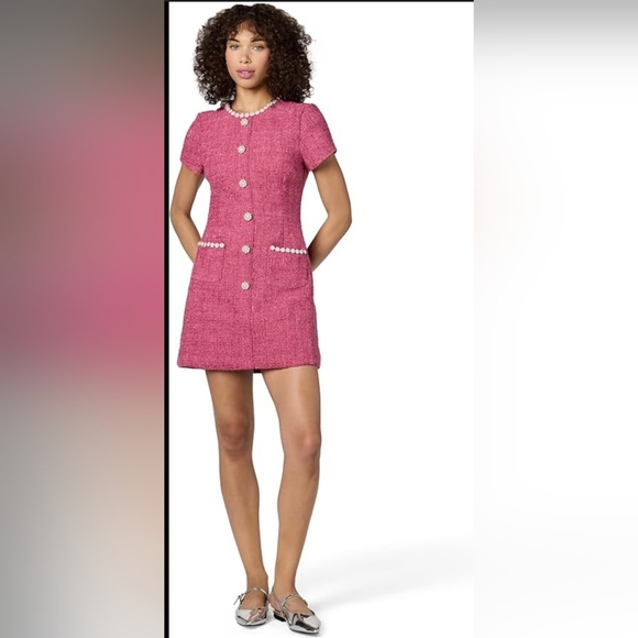 NEW Likely Alani Dress Size 8 Red Violet Short Sleeve Pink Tweed Wool Mini Dress - Picture 3 of 17